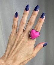 💕 VTG Y2K Bubblegum Pink Heart Ring Silver Tone Band 3D Puffy Heart Size 6