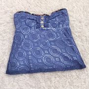 Lucky Brand  Crochet Strapless Ruffle Tankini Top Swimsuit Blue Size Medium