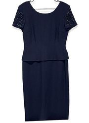 Donna Morgan Navy Blue Beaded Short Sleeve Sheath Dress Size 8
