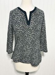 Charter Club Women's Leopard Print Split Neck 3/4 Sleeve Top Black Size Large