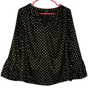 Talbots Black Silver Polka Dot Print Tiered Flare Sleeve Blouse Size MP