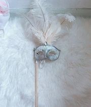 Handheld White and Silver Ombre Glitter Feathered Masquerade Mask