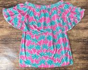 Simply Southern Women's Pink Palm Tree Off Shoulder Ruffle Sleeve Blouse L