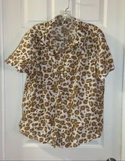 White Stag Brown/White Animal Print Short Sleeve Button Up Blouse XXL