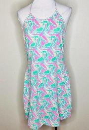 Paige Sun Dress XL Green & Pink Bird Print Sleeveless Halter Mini