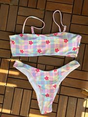 NWT  Pastel Plaid Floral Bikini Set - L