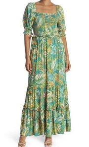 Betsey Johnson Medium Maxi Dress Square Neck Puff Sleeves Tropical Pepper Green