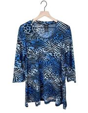 Premise 3/4 Sleeve Tunic Top Blue Mixed Animal Print Womens' Size Medium