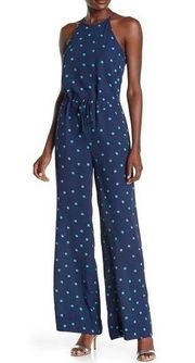 Diane Von Furstenberg Blue Printed Halter Neck Jumpsuit Geo Flower Dot