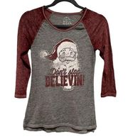 DONT STOP BELIEVIN SANTA CHRISTMAS BURNOUT GRAPHIC GREY MAROON TEE SHIRT XS