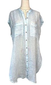 Holding Horses Tunic Button-Up Top Women Blue Front Pockets Short Sleeve Size S