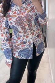 J McLaughlin peacock floral print button down top size medium cotton