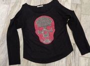 Ocean Drive women's medium black/pink/silver Skull sequined shoulder cut-out top