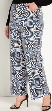 NWT ELOQUII Swirl Printed Wide Leg Jeans Blue White Plus Size 26