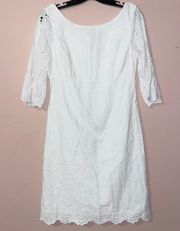 White 100% Cotton Eyelet Floral A Line Knee Dress Size 8