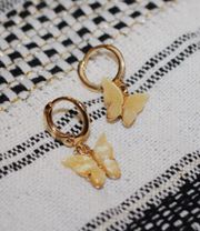 Yellow Butterfly Earrings On Gold Huggy Hoops