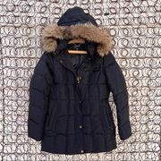 Lands End Black Shimmer Down Parka with faux fur trim hood