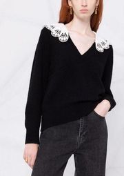 Sandro Lena Poplin Collar V-neck Wool And Alpaca Blend Sweater NWT