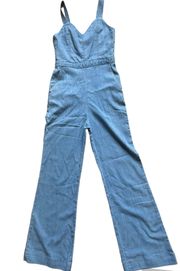 Crystal Wide-Leg Denim Overall Jumpsuit Light Blue