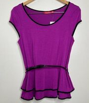 Elle Purple Career Wear Top Peplum Hem Size Small Cap sleeves Black trim belt