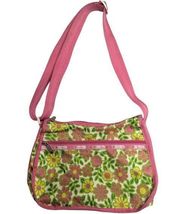 LeSportsac Pink Green Retro 60s Mod Floral Nylon Crossbody Bag with Pouch