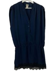 Haute Hippie  Size S Silk Navy Blue Dress Lace Trim V-Neck Mini Ruched Shoulders