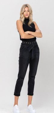 Vervet Black Ripped Mom Jeans Size 27 Belted Rivet Waist High Rise