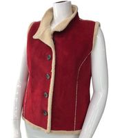 Orvis Womens Size L Vest Faux Suede Sherpa Lined Red Button Front Stand Collar