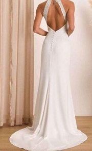 Lulu's White Satin Lace Backless Halter Maxi Formal, wedding Dress S