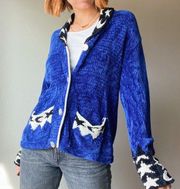 Vintage Co & Eddy Blue Chenille Button Up Cardigan w/ Star Moon Print Trim