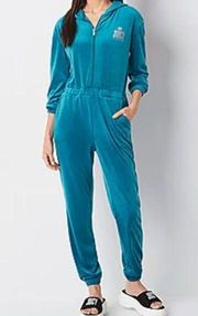 NWT Juicy By Juicy Couture Jumpsuit peacock Velour Hooded Long Sleeve Zip Up L