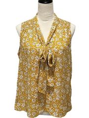 Cynthia Steffe Blouse Womens Size M Yellow Floral Sleeveless Scarf Tie Neck Bow