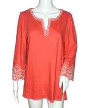 Talbots Shirt Women Medium Coral Orange White Embroidered Tunic Top Boho Peasant