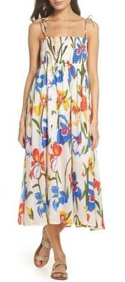 Tory Burch Iris Smocked Floral Midi Dress White Red Blue Size Small Fit & Flare