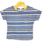 Linen Lux Top Womens Size Small Blue Stripe Short Sleeve Pocket Boxy Keyhole‎