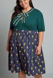 Modcloth More Than Charming Cotton Skirt Santa Elf Print Navy Blue M