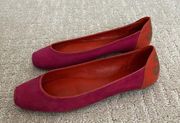 DVF pink suede flats square toe orange heel tan logo Diane von Fürstenberg