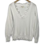 Frayed Trim Vneck Long Sleeve Cotton Blend White Sweater Size Large