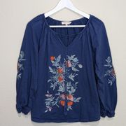 Solitaire Embroidered Floral  Peasant Top Womens Size M Puff‎ Sleeves Multicolor