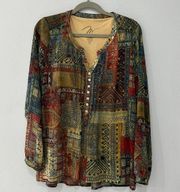 Miraclebody By Miraclesuit  Patchwork Boho Long Sleeve V-Neck Tunic Sz M