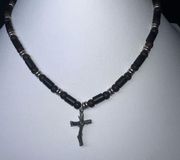 Silver Tone Rustic Cross and Black Bead Necklace