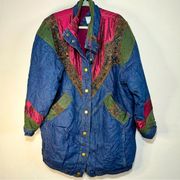 Patchwork Jean Jacket Womens Size L Blue Quilt Lined Vintage