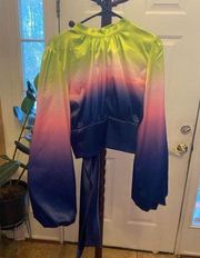 Women's Akira Green to Blue Ombre Satin Wrap Top Size M