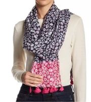 Rebecca Minkoff Daisy White Floral Pink Oblong Tassel Trim Rectangular Scarf