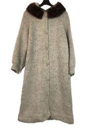 Vintage Handmade Knit Coat Mink Fur Collar Light Green & Peach Rosette Buttons