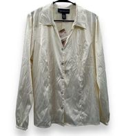 Susan Graver Off White Cream Rhinestone Button Down Long Sleeve Shirt Size L NWT