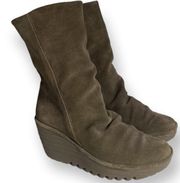 FLY London Yara Suede Mid Calf Boots Wedge Side Zip Sz EU 38 US 7.5