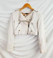 Guess Cropped Moto Leather Jacket Creme Animal Print lining size S