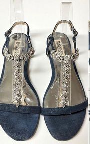 “Amuse” Navy Blue Ankle T-Strap Rhinestone Buckle Dress Sandal