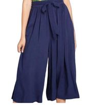 Modcloth Pants Womens Size Large Blue Palazzo Wide Leg Tie Waist Cropped Casual